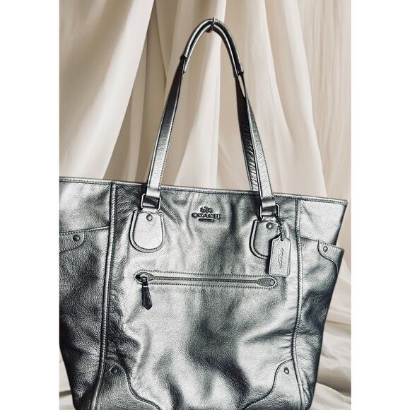 Coach Mickey Grain Leather Tote/Handbag Silver F-34039 15.75x13x5.12” - Picture 1 of 8